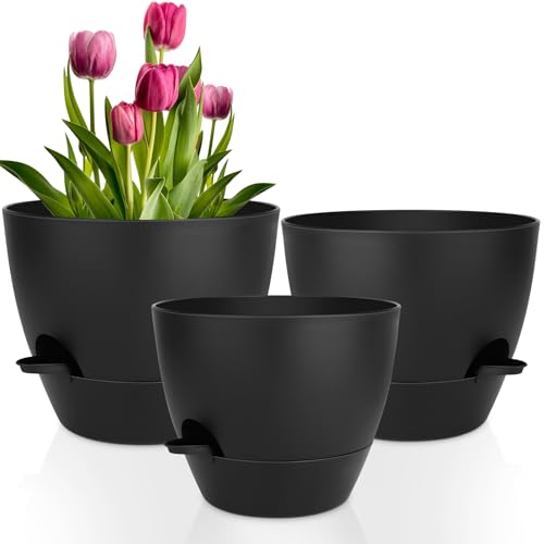 Plant Pots 12/10/9 Inch Self Watering Pots, Set of 3 Plastic Planters with Drainage Holes and Saucers,Plastic Flower Pots,Nursery Planting Pot for Indoor Out Door Plants(Pure Black) - color: Pure Black, size: 12/10/9 inch