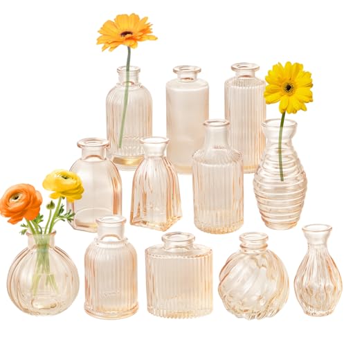 Champagne Bud Vases Set of 12 Amber Glass Vase for Decor Centerpieces, Small Ribbed Vases for Flowers Stripe Modern Bud Vases in Bulk Vintage Vases for Floral Wedding Party Table Decoration Home Decor - color: Champagne, size: 1 Pack