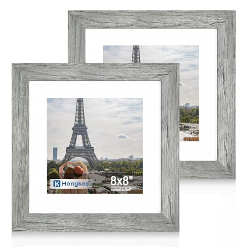 Hongkee 8x8 Picture Frame Set of 2, Made of Real Glass and Grey Wooden Frame - Display Square 6x6 with Mat or 8x8 Without Mat, 8 by 8 Photo for Wall or Tabletop - color: Grey, size: 8X8 in