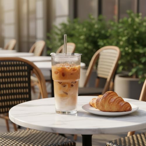 Premium Iced Coffee Cups with Lids and Straws | 20oz Ribbed Glass Cups | Set of 2 | Clear Borosilicate Glass Tumblers | Reusable Iced Tea and Matcha Cup | Dishwasher Safe | for Cold Drinks