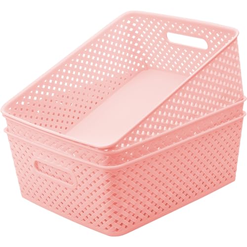MaxGear 3 Pack Plastic Storage Baskets, Large, Pink | Durable Woven Plastic with Built-In Handles, Suitable for Shelves, Closets, Cabinets, Bathrooms and Offices - color: Pink, size: Large