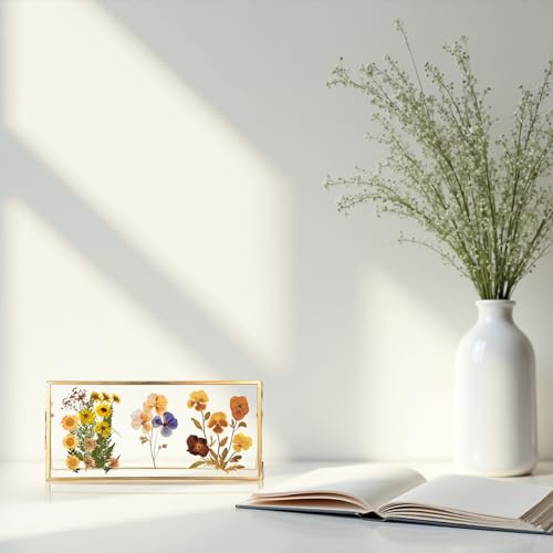 Double-Glass Dried Flower Frame, Brass Floating Frames for Pictures, Pressed Flowers, Leaves, Arts, Stamps, 4x 9 inches Decorative Tabletop Display Holder for Home Plant Specimen (FRAME ONLY)