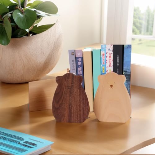 2-Pack Bear Beech Bookends, 5.9x4.7in | Solid Beech/Walnut Wood, Natural Grain, Non-Slip Base, Detachable Design, for Shelves/Desk/Kids Room - color: Beech Wood Bear