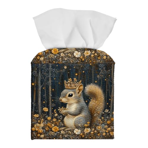 Tissue Box Cover Square, PU Leather Tissue Box Holder for Bathroom, Living Room & Office Desk, Squirrel with Golden Crown in Enchanted Forest, Decorative Modern Tissue Box Cover - color: Squirrel With Golden Crown in Enchanted Forest