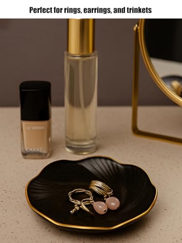 Black Ceramic Jewelry Tray with Gold Edge, 5 Inch Modern Trinket Dish for Rings & Earrings, Minimal Vanity Organizer - color: Black_round