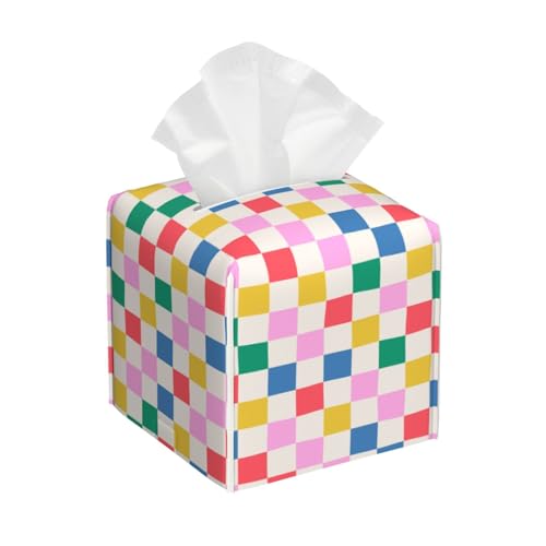 Tissue Box Cover Square,Colorful Checkered Tissue Box Holder Waterproof Leather Facial Paper Organizer Dispenser for Bathroom Home Car Kitchen Nightstand Vanity Desk Decoration - color: Colorful Checkered