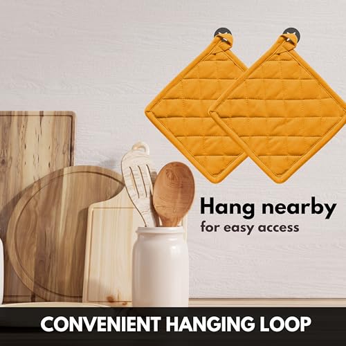 Oven Mitt (7"x13") & Pot Holder (8"x8") 100% Cotton Set of Heat Resistant Oven Gloves & Hot Pads for Gifts, BBQ, Cooking, Baking, Thanksgiving - Mustard Yellow - color: Mustard Yellow