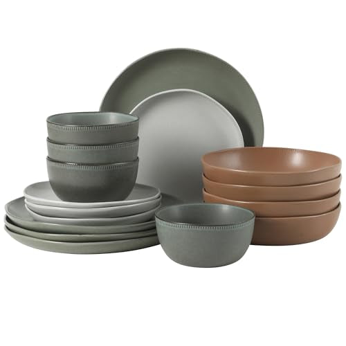 Gibson Elite Menlo Park 16-Piece Pottery Clay Stoneware Dinnerware Set – Assorted Color Reactive Glaze, Organic Shape Embossed Plates and Bowls W/Pasta Bowl, Service for 4 Microwave Dishwasher Safe - color: Assorted Colors (Menlo Park), size: Service for
