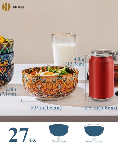 Yeacccng Bohemian Cereal Bowls Set of 6, 5.9 Inch 27 Oz Ceramic Soup Bowls, Microwave Dishwasher Safe, Lead-Free Scratch-Resistant for Oatmeal Pasta Salad, Colorful Boho Bowls