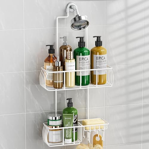 Epicano Shower Caddy Hanging Over Head, White,Stainless Steel | Rustproof,4 Hooks for Towels,Sponge and & Bathroom Accessories,Anti-Swing Suction Cups & Adhesive hooks - color: White