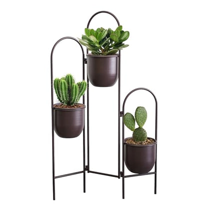 TRIROCKS 3 Tier Plant Stand with 3 Removable Metal Pots Indoor Outdoor Corner Plant Rack, 35" H Space Saving Flower Pot Holder for Living Room, Balcony, Patio & Garden(Brown) - size: 35" H