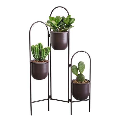 TRIROCKS 3 Tier Plant Stand with 3 Removable Metal Pots Indoor Outdoor Corner Plant Rack, 35" H Space Saving Flower Pot Holder for Living Room, Balcony, Patio & Garden(Brown) - size: 35" H
