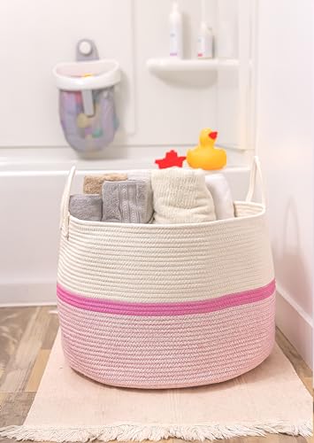 OrganiHaus Round Toy Basket & Blanket Basket, Cotton Rope 20x13" | Striped Pink - Round Cotton Rope Basket, 20x13" - color: Striped Pink, size: Wide