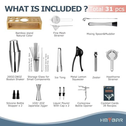 HMYBAR® Bartender Kit with Natural Bamboo Stand, 31-Piece Cocktail Shaker Set, 20/28 oz Boston Shaker Set for Home Bar, Mixology Bar Tool Set with 39 Recipe Cards - color: Natural