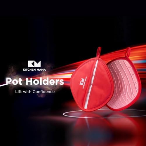 Kitchen Mama Silicone Pot Holders, Red | Heat Resistant, Non-Slip Surface, Dual Pocket Design, Soft Cotton Lining - color: Red