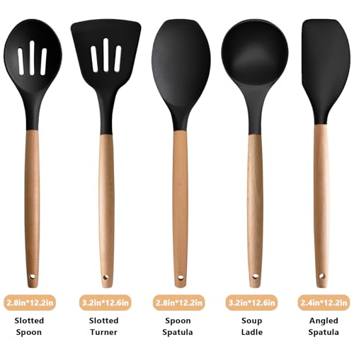 Silicone Cooking Utensils Set of 5, Heat Resistant Silicone Kitchen Utensils Set with Wooden Handle, BPA Free Spatula Spoon Turner Ladle Cooking Kitchen Gadgets for Nonstick Cookware & Baking - color: Black, size: Standard 5-Piece Set