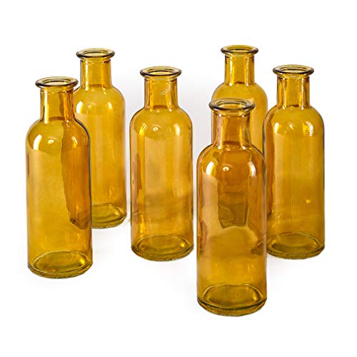 Serene Spaces Living Set of 6 Large Amber Bud Vases, Apothecary Jars, Decorative Glass Bottles, Centerpiece for Wedding Reception, Antique Decoration, Flower Vases, Measures 6.5" Tall & 2" Diameter - color: Amber, Large, Set of 6