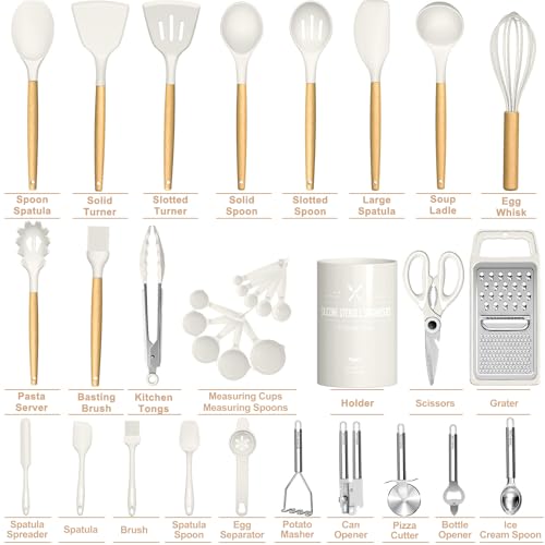 Umite Chef Silicone Kitchen Utensil Set, 34PCS Heat Resistant Kitchen Gadgets and Tools With Grater, Cream White Wood Handles for Nonstick Cookware - color: Cream White