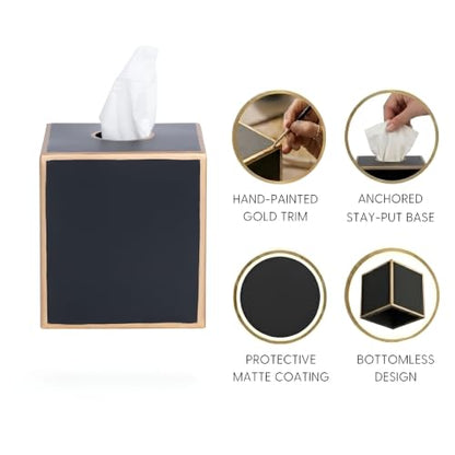 Jaye's Studio Black Tissue Box Cover, Square Metal Gold Cube for Bathroom | Matte Hand-Painted Finish, Fits Standard Facial Holders, Polished Trim, Open Bottom, Bedroom Office Desk Use - color: Black