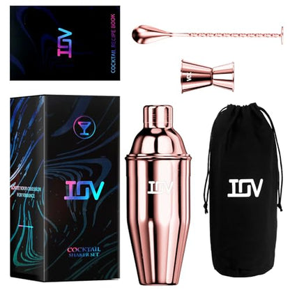 IOV Cocktail Shaker Bar Set, 24oz Martini Shaker with Built-In Strainer, Bar Tool Kit with Recipes Booklet, Professional Stainless Steel Large Bartender Drink Shaker Margarita alcohol Mixer- Rose Gold - color: 3 Pcs - Rose Gold