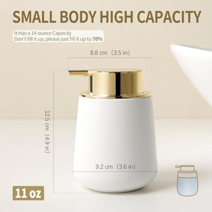 Bosilunlife 12Oz Ceramic Foam Soap Dispenser for Bathroom Kitchen Counter | Premium countertop foam pump creates delicate dense foam, stable desktop placement, Matte White with Gold - color: White&gold