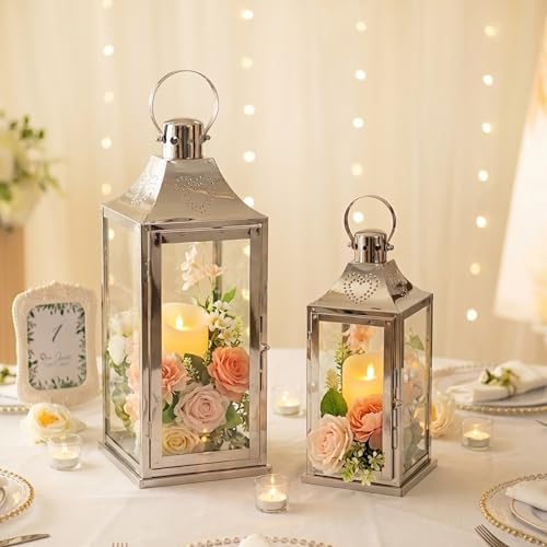 TRIROCKS Set of 2 Stainless Steel Lanterns 17"&12" H Decorative Outdoor Lantern Candle Holder with Tempered Glass for Living Room Wedding Parties Gifts Indoors Outdoors(Silver)