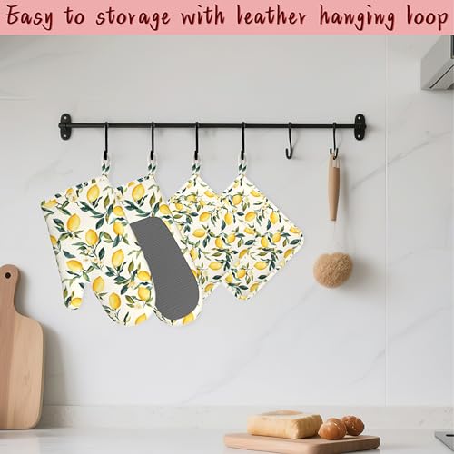 Retro Lemon Floral Silicone Oven Mitts and Pot Holders,Heat-Resistant 4 Piece Kitchen Set Non-Slip Oven Gloves and Hot Pads for Cooking, Baking, Grilling,BBQ - color: Retro Lemon Floral