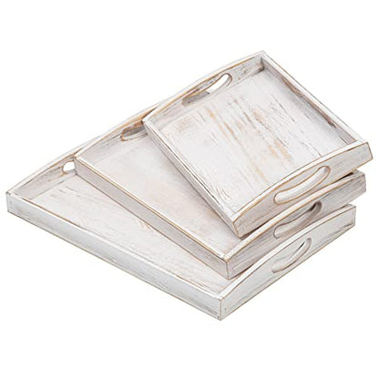 Country Rustic Wood Nesting Dinning Breakfast Serving Trays with Wood Handles, Set of 3,Can Put Food, Fruit, Plates - color: Washed White