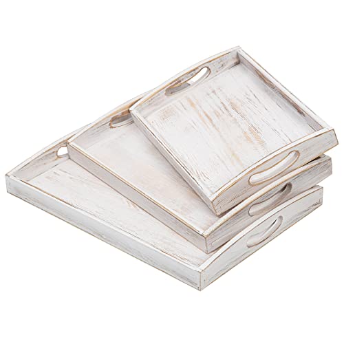 Country Rustic Wood Nesting Dinning Breakfast Serving Trays with Wood Handles, Set of 3,Can Put Food, Fruit, Plates - color: Washed White