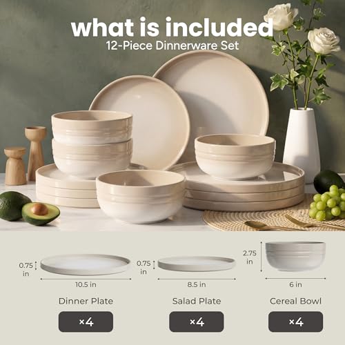 SMIRLY Stoneware Dinnerware Set for 4, 12 pcs Plates and Bowls Set, Cream | Chip and Scratch Resistant, Microwave, Dishwasher & Oven Safe, Non Toxic Plates Set, Ceramic Dish Set for Everyday Meal - color: Cream White