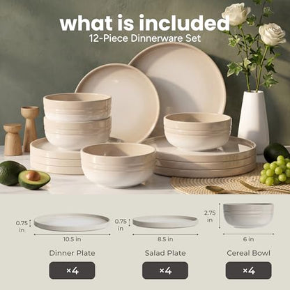 SMIRLY Stoneware Dinnerware Set for 4, 12 pcs Plates and Bowls Set, Cream | Chip and Scratch Resistant, Microwave, Dishwasher & Oven Safe, Non Toxic Plates Set, Ceramic Dish Set for Everyday Meal - color: Cream White