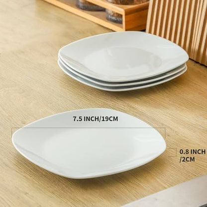 fMBB Ceramic White Dinner Plates Set of 4, Porcelain Square 7.5 inch Dessert Dishes, Serving Flat Plates Salad Dishes - Scratch Resistant, Dishwasher, Microwave, Oven Safe - color: Square7.5"
