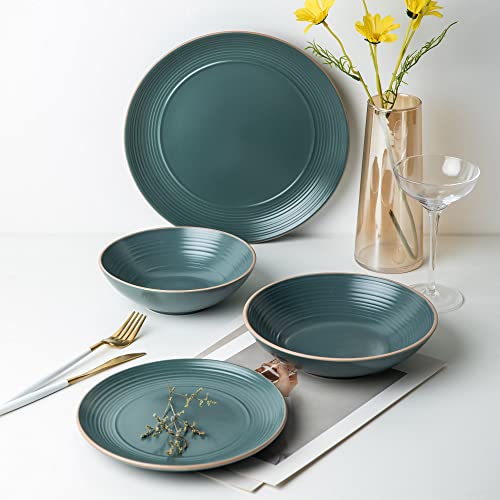 Arora RINGAR Round Stoneware 16pc Dinnerware Set of 4, Dinner Plates, Side Plates, Cereal Bowls, Mugs - Speckle Matte Green (434540) - color: Speckle Matte Green-Bowl/Mug, style: Round-Service for 4(16pcs)
