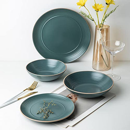 Arora RINGAR Round Stoneware 16pc Double Bowl Dinnerware Set for 4, Dinner Plates, Side Plates, Cereal Bowls, Pasta Bowls - Speckle Matte Green (431952) - color: Speckle Matte Green-Cereal/Pasta Bowl, style: Round-Service for 4(16pcs)
