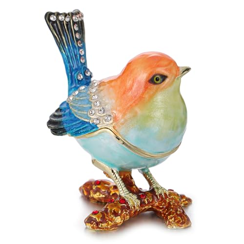 Hand Painted Enamel Robin Bird Trinket Box for Home Decor, Hinged Jewelry Organizer for Ring Earrings, Unique Figurine Keepsake Collectible Personalized Handmade Ornament Gifts (Multi-Sparrow) - color: Multi-Sparrow