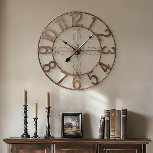 Cuspin 30 Inch Large Wall Clock Bronze Rustic Metal Decorative Clock | Battery operated, Arabic numerals, silent non ticking, round metal frame, vintage design, living room decor - color: Bronze Arabic Number, size: 30 Inch