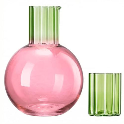 Cute Wave Flower Glass Carafe Bedside Water Pitcher & Cup Set - 44oz Handblown Round Pink Cherry Pitcher with 6.8oz Glass Green Flower Tumbler - Aesthetic Unique Fruit Glassware for Juice Wine & Water