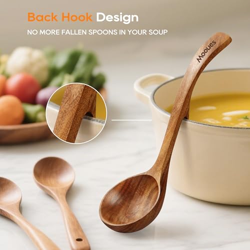 Wooden Ladle for Soup, 3 Size Teak Wood Ladle Spoon with Back Hooks, Heat Resistant Wooden Spoons for Cooking, Non-Stick, Comfortable Grip, Wood Kitchen Utensils Set for Serving, Stirring - size: 3 PCS Set