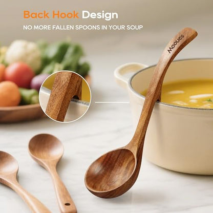 Wooden Ladle for Soup, 3 Size Teak Wood Ladle Spoon with Back Hooks, Heat Resistant Wooden Spoons for Cooking, Non-Stick, Comfortable Grip, Wood Kitchen Utensils Set for Serving, Stirring - size: 3 PCS Set