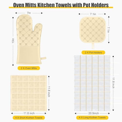 Oven Mitts Kitchen Towels Dishcloths with Pot Holders Sets 12PCS, Dish Towels Sets, Oven Gloves Pot Pads Heat Resistant 500 Degrees with Non-Slip Silicone Surface for Cooking Baking Grilling-Beige - color: Beige