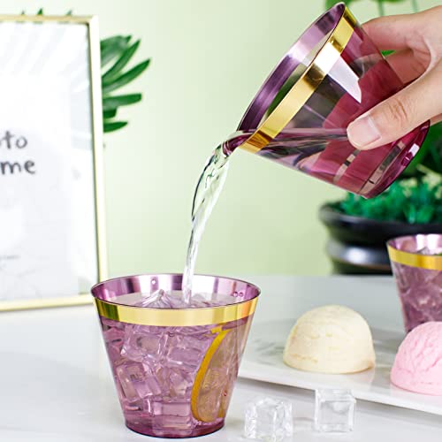 LUODA 150PCS Purple Plastic Cups,9oz Purple Disposable Cups with Gold Rim | Old Fashioned Tumblers Gold Rimmed Purple Plastic Cups,Unbreakable cups for Any occasion: Weddings, Parties, Business Events - color: Purple