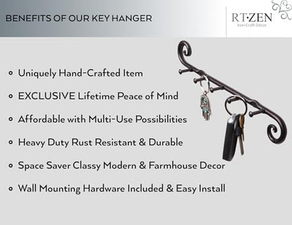 Farmhouse Small Key Holder for Wall, Wrought Iron Wall Mount Rack | Handcrafted Swirl Decorative, 5 Key Hooks for Home Entryway, Purse, Coat and Leash Holder or Organizer (Classic Black) - style: Classic