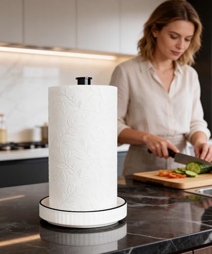 Paper Towel Holder, Ceramic Heavy Plate Base Wobble-Free, Roll Stand-Wh-bk | Effortless Cleaning and Easy to Assemble, Super Large for Triple Rolls, High End Looking as a Good Gift for Kitchen Island - color: Farmhouse White