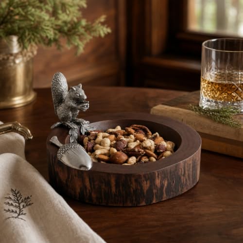 Standing Squirrel Nut Bowl with Pewter Acorn Scoop - Whimsical Mango Wood Dish for Serving Nuts - 8 Inch Diameter