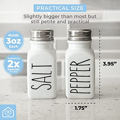 Farmhouse Ceramic Salt and Pepper Shakers Set with Extra Lids. 100% Stoneware Salt and Pepper Shaker Set. White Pepper and Salt Shaker with Lid x4. Kitchen Salt Pepper Shaker Set - color: White/White