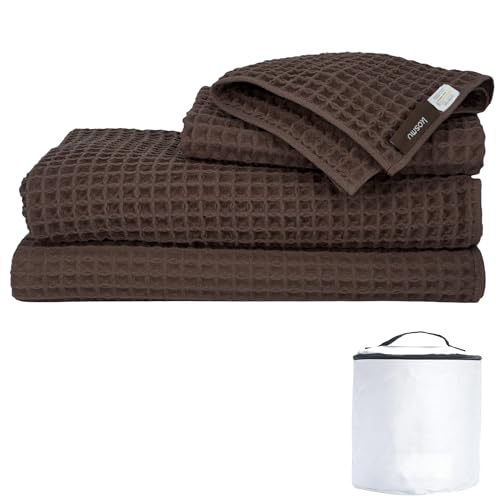 Luxury Organic Japanese Cotton Waffle Bath Towel | Thick, Absorbent, Quick Dry Bathroom Towels for Shower, Sauna, Onsen| Hotel & Spa Quality, Gift-Ready (Dark Cocoa, Complete Set (4-Piece)) - color: Dark Cocoa, style: Bath Complete Towel Set (4-piece)