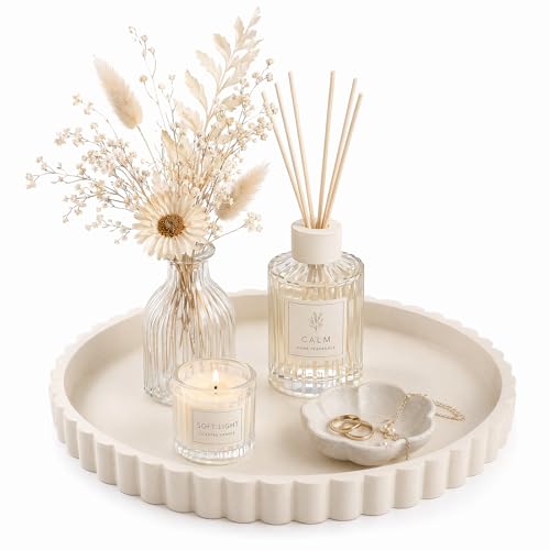 Silicone Bathroom Vanity Trays for Counter - 9.1 Inch Round Small Bathroom Tray with Scalloped Edge Vanity Organizer, Coffee Table Decor, Decorative Tray for Candle Key Skincare Perfume Storage, Beige - color: Beige, size: 9.1"