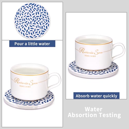 Absorbent Coasters Set of 6 Round Ceramic Coasters for Drinks Modern Blue Boho Coaster with Holder for Coffee Table Decor, Outdoor, Desk - style: Blue
