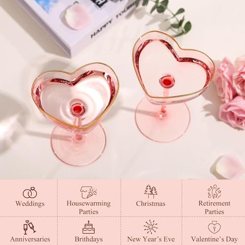 Pink Coupe Glasses Set of 4, Heart-Shaped Martini Glasses with Golden Rim, Fancy Manhattan, Cosmopolitan, Sidecar Cocktail Glassware for Christmas, Wedding, Birthdays - 8oz - size: 4 Count(Pack of 1)