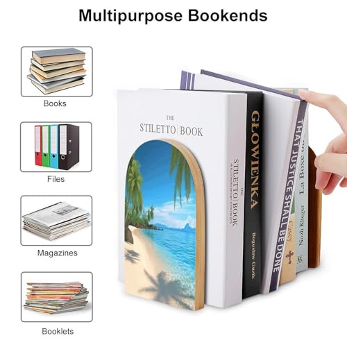 Personalized Hawaiian Beach with Palm Trees Book Ends for Shelves, Large Heavy Duty Wooden Bookends with Non-Skid Metal Base Book Holder Decorative Book Stopper for Home Office Supplies 1 Pair